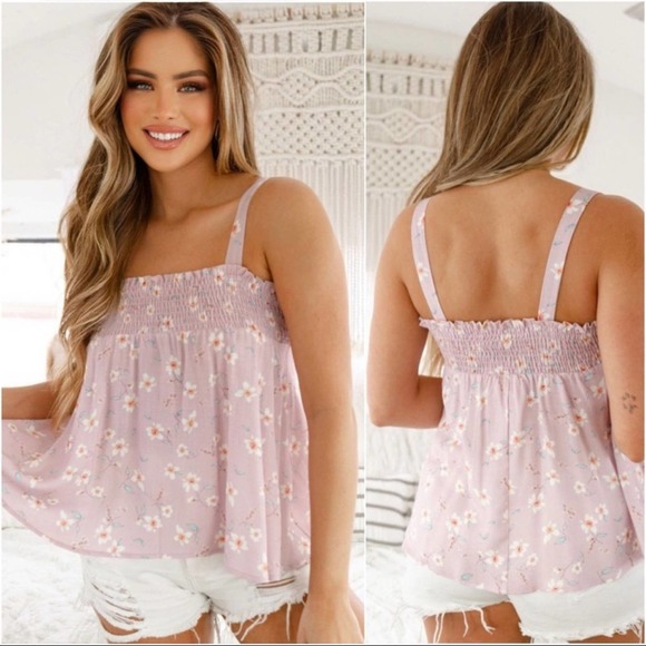 1 LEFT! Lavender Floral Smocked Cute Women’s Summer Flowy Tank Top Blouse Top - Picture 2 of 4